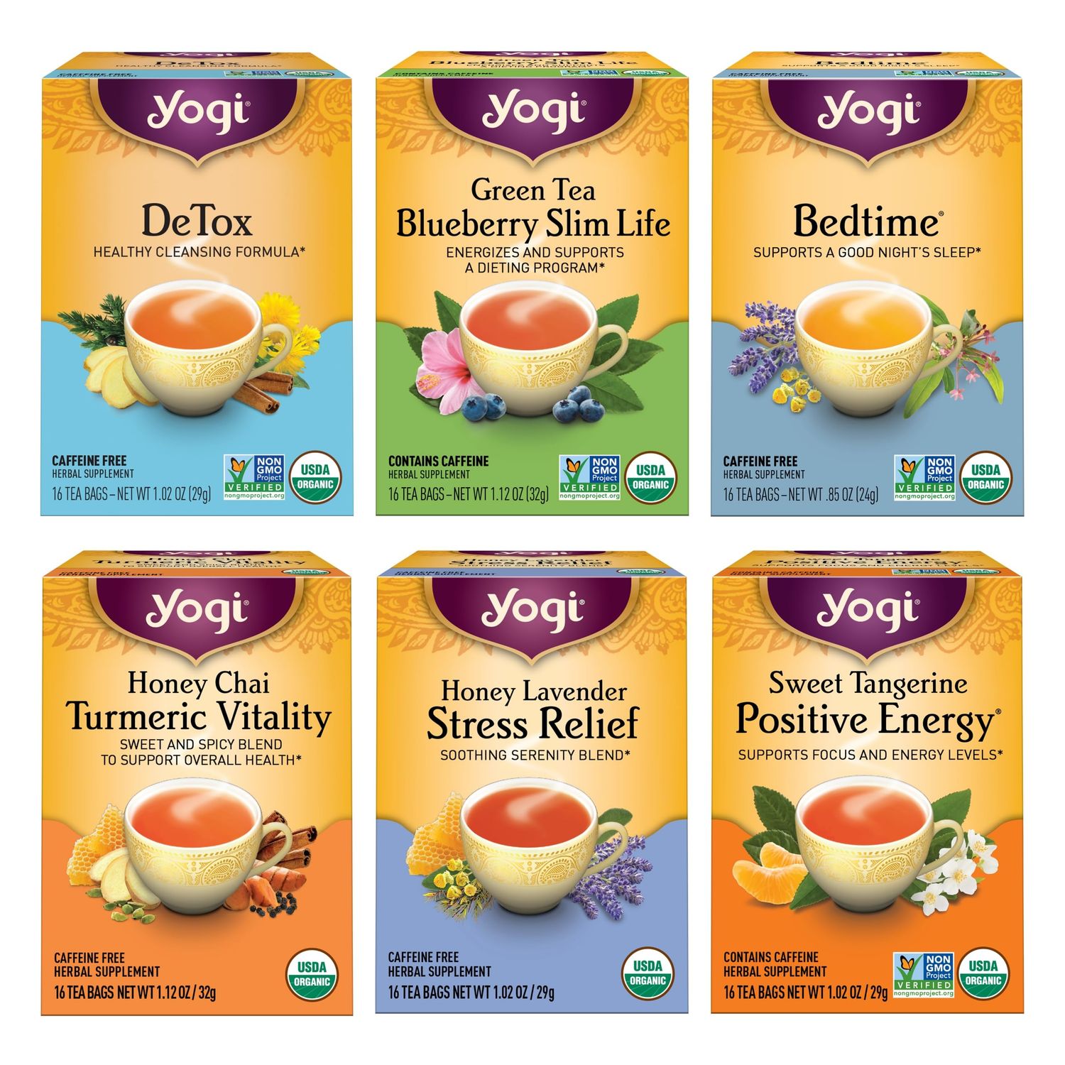 Yogi Tea Favorites Variety Sampler - 16 Bags per Pack (6 Packs) - Organic Tea Gift Box - Includes Sweet Tangerine Positive Energy, Honey Lavender Stress Relief, Bedtime &amp; More