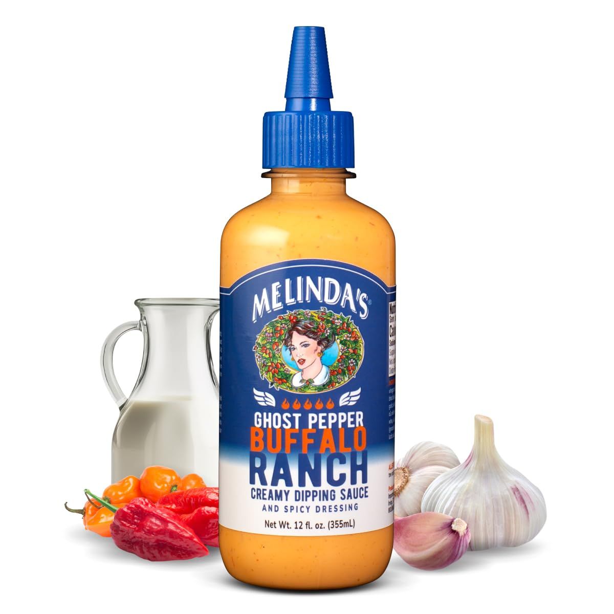 Melindas Ghost Buffalo Ranch - 12 oz, 1 Pack - Spicy Ranch Sauce, Hot Creamy Sauce With Ghost Peppers - Perfect for Wings, Pizza, Fries