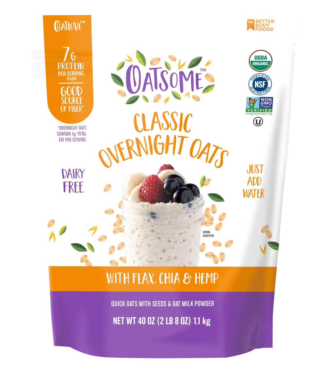 Oatsome Organic Overnight Oats with Chia, Flax, &amp; Hemp, Gluten-Free Oatmeal with 7g of Protein, 2.5 lb Bag