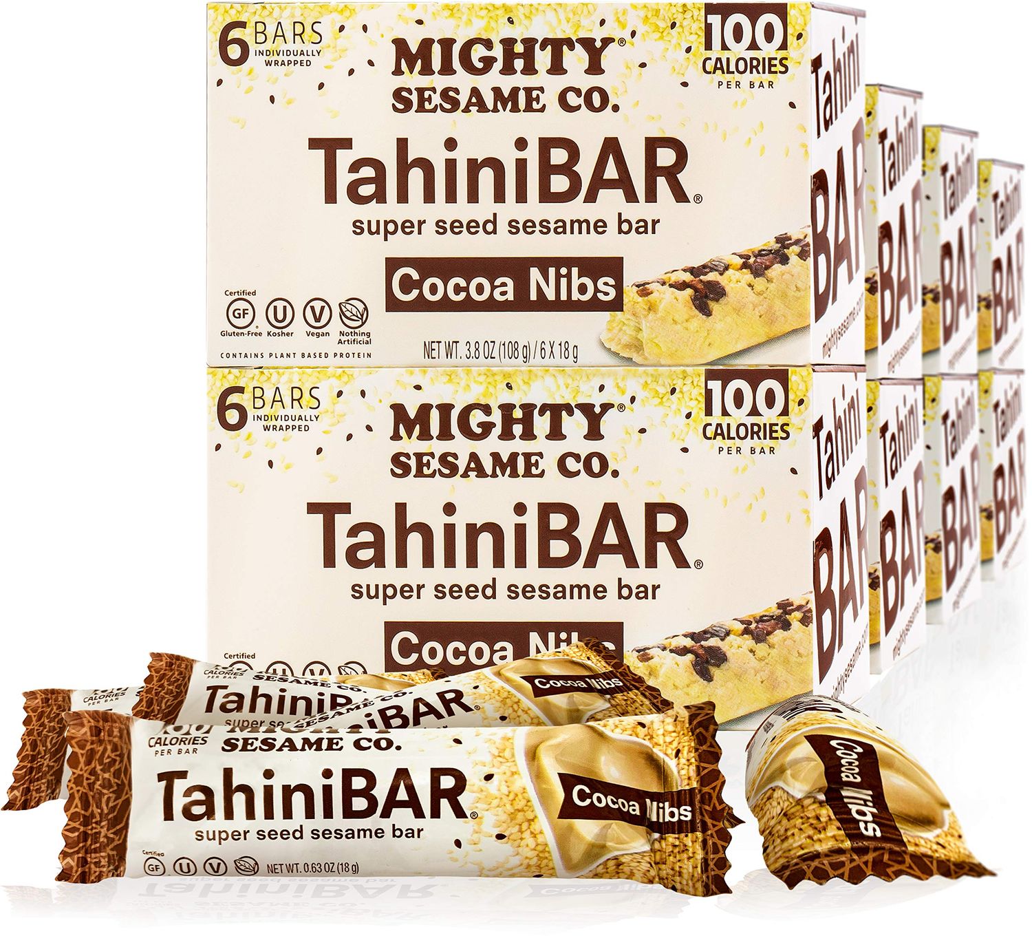Mighty Sesame TahiniBars with Cocoa Nibs 3.8oz (8 Pack, 48 Bars) 100 Calorie Bar, Gluten Free, Vegan, Nothing Artificial, Kosher