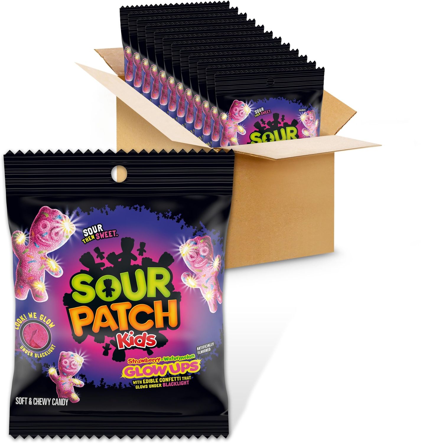 SOUR PATCH KIDS Glow Ups Strawberry-Watermelon Soft &amp; Chewy Candy, 12-3.08 oz Bags