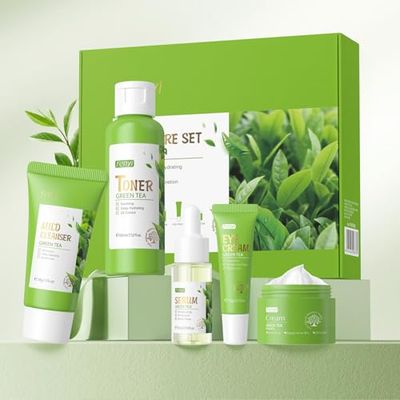 Green Tea Skincare Set, 5 Pcs Skincare Gift Set with Cleanser, Face Serum, Face Cream, Eye Cream, Toner , Skincare Kits For Teen Girls, Hydrating Facial Kit For Women