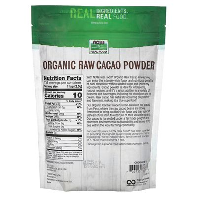 NOW Foods, Organic Raw Cacao Powder, with Polyphenols and Flavonols, Sun-Dried, Intensely Rich Flavor, 12-Ounce (Packaging May Vary)