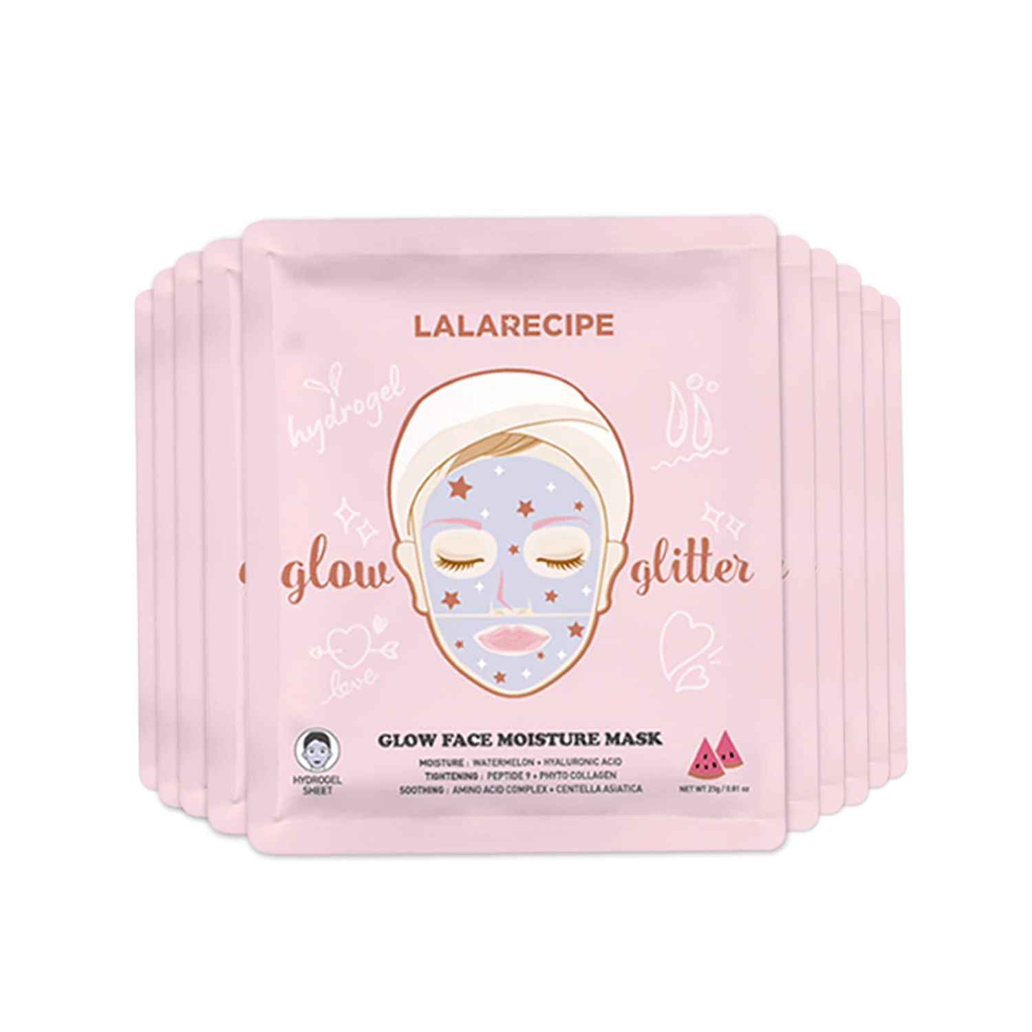 LALARECIPE Glow Face Moisture Mask - Hydrating &amp; Cooling Hydrogel Facial with 8-Hyaluronic Acid, Watermelon &amp; Peptides - Vegan Korean Skincare for Radiant Skin (Pack of 10)
