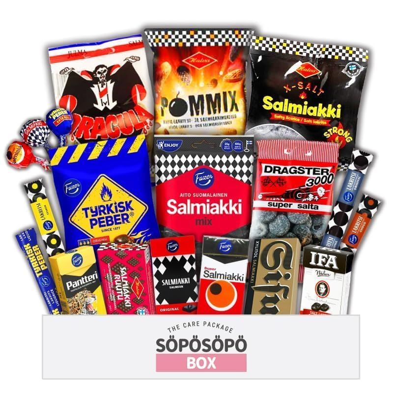 Finnish Salmiakki and Licorice set SPSP BOX Variety Pack Care Package Treats Gift Boxes Pack Adults Kids Grandkids Guys Girls Women Men Boyfriend Candy Birthday Cookies Chips Food (SOPOSOPO)