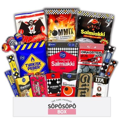 Finnish Salmiakki and Licorice set SPSP BOX Variety Pack Care Package Treats Gift Boxes Pack Adults Kids Grandkids Guys Girls Women Men Boyfriend Candy Birthday Cookies Chips Food (SOPOSOPO)