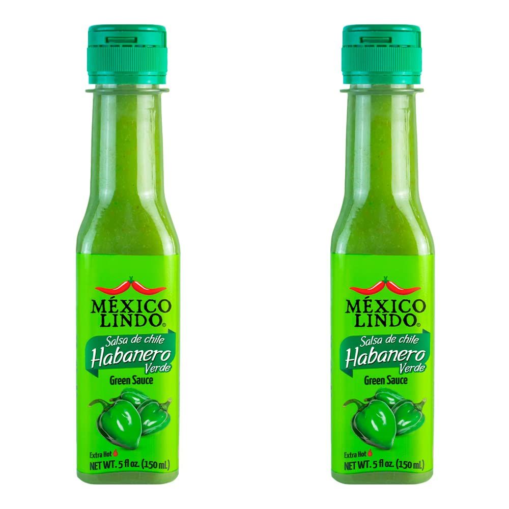 Mexico Lindo Green Habanero Hot Sauce Real Green Habanero Chili Pepper Enjoy with Mexican Food, Seafood &amp; Pasta 5 Fl Oz Bottles (Pack of 2)
