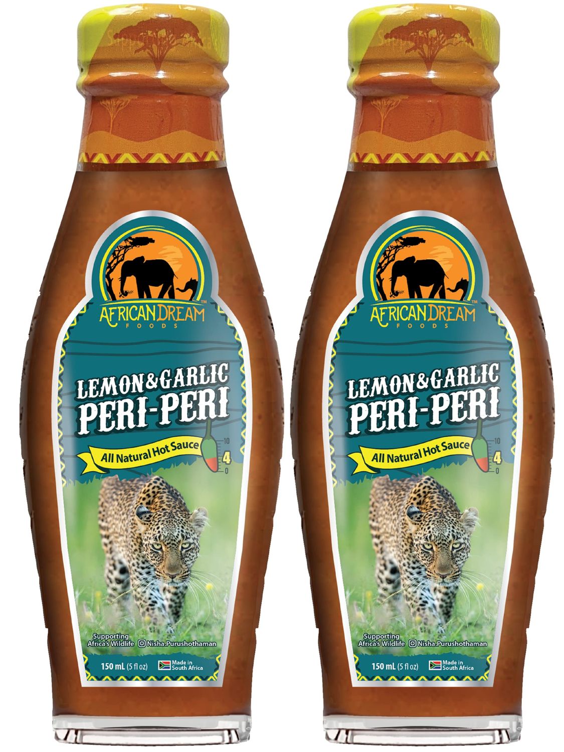 Lemon &amp; Garlic Peri-Peri Hot Sauce by African Dream Foods All-Natural Sweet and Spicy Piri-Piri Sauce with Thai Chili Peppers Glass Bottle, 5 fl oz 2-Pack