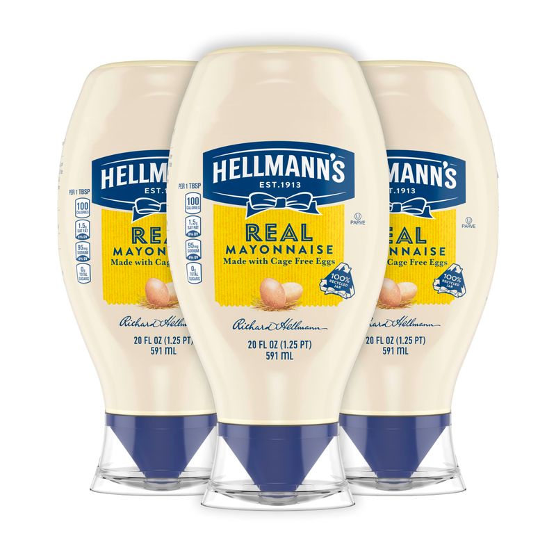 Hellmann&#39;s Real Mayonnaise Squeeze Bottle 3 Count a Rich Creamy Condiment Gluten Free, Made With 100% Cage-Free Eggs 20 oz