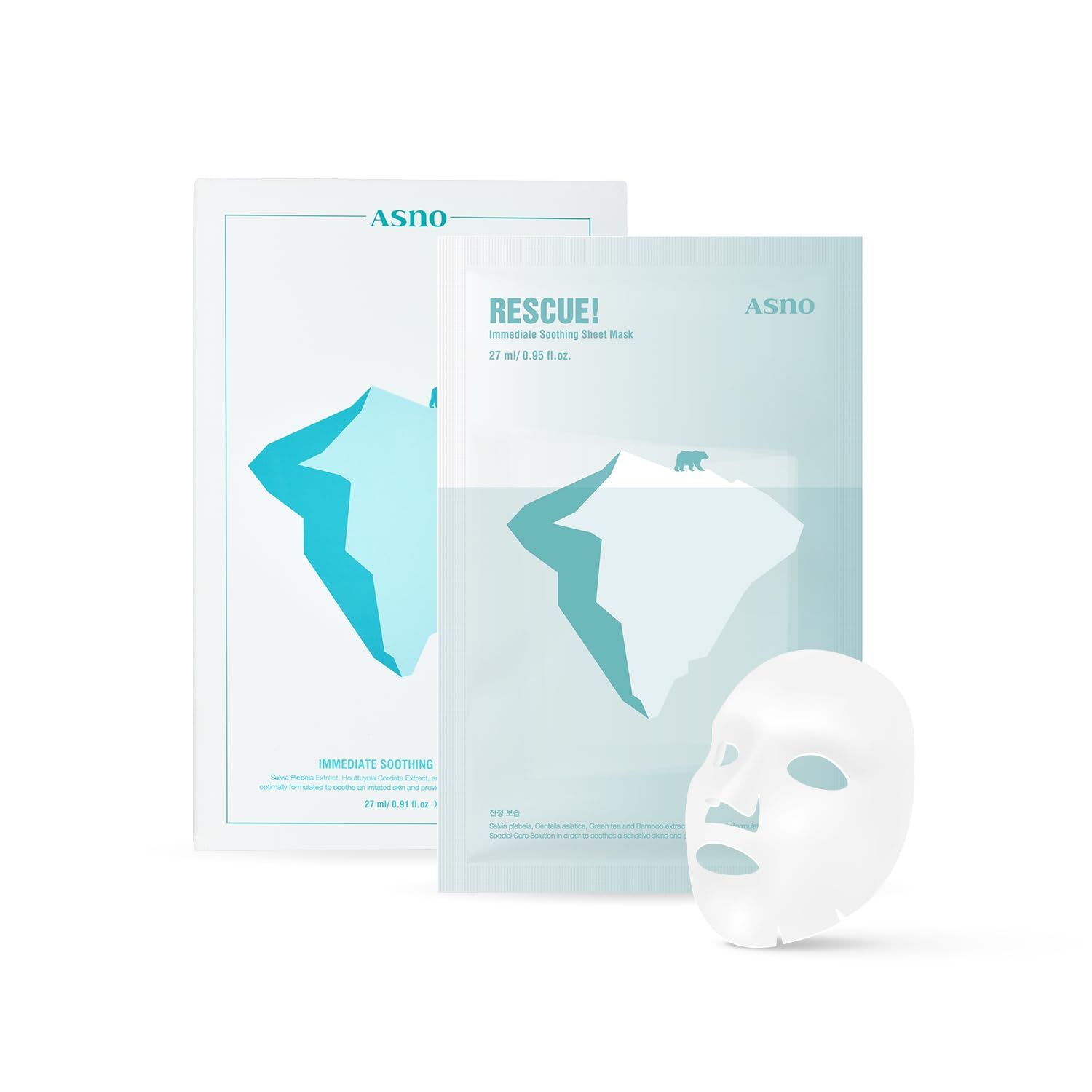 ASNO Rescue Immediate Soothing Sheet Mask 5ea, Calming Facial Sheet Mask for Acne, Pimple, Redness, Sensitive Skin, Green Salvia Houttuynia Cordata Centella Asiatica, Korean Skin Care