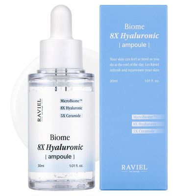 RAVIEL Biome 8X Hyaluronic Ampoule Long-lasitng Hydration &amp; 5X Ceramide Barrier Serum for Sensitive Skin Korean Skincare (1.01 fl oz)