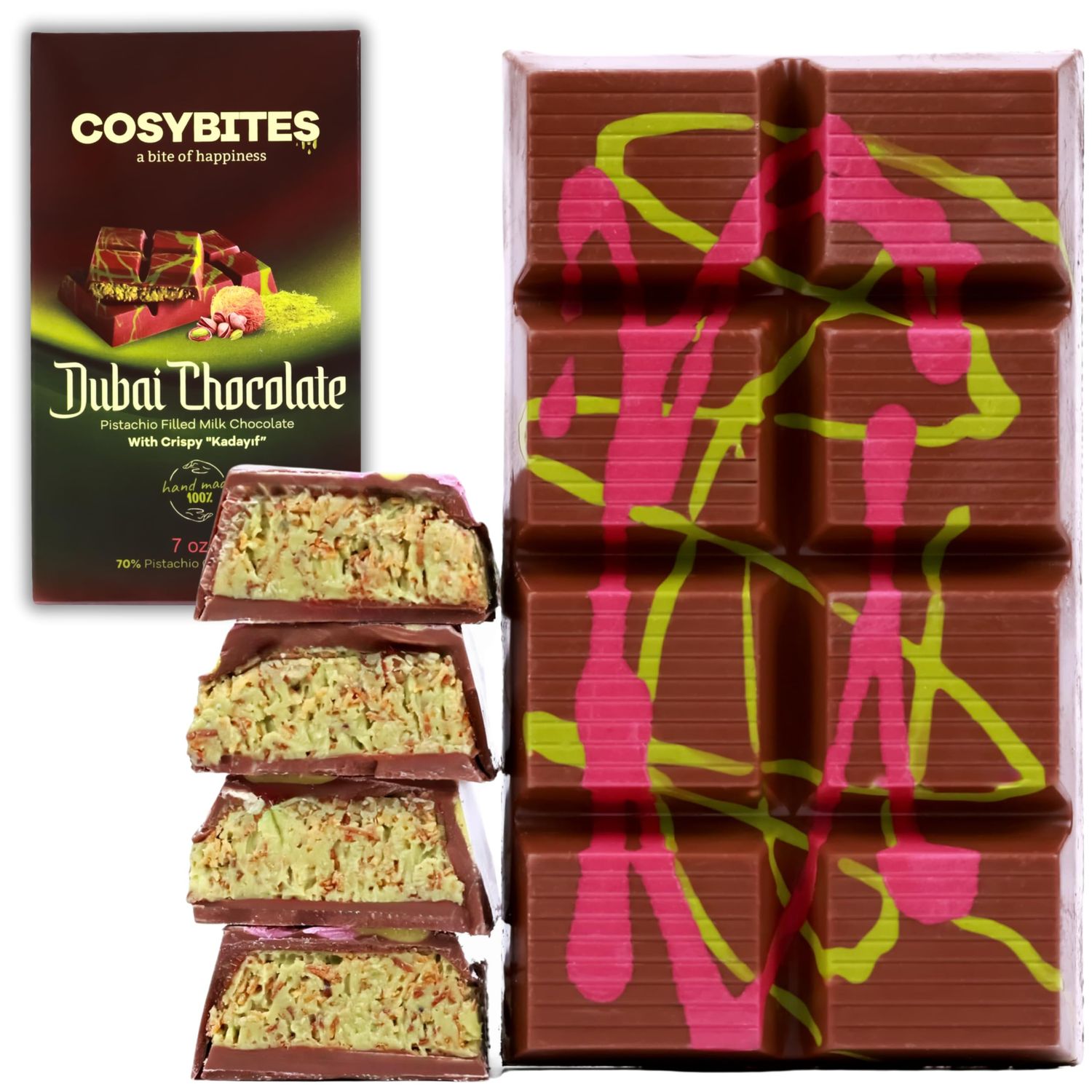Dubai Chocolate Bar Pistachio 7 oz, Original and Viral Taste Made By Belgian Chocolate, Premium Pistachio Cream Crispy Kataifi Filling, Handmade, Freshly Made Daily