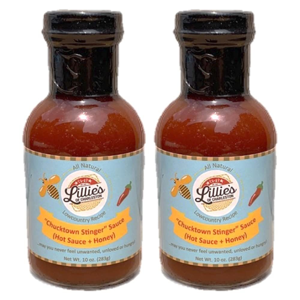 Lillie&#39;s of Charleston Chucktown Stinger (Hot Sauce Honey) Natural, No Preservatives, Vegan Great with Chicken, Pork Ribs, Veggies, Fish, Fries &amp; Pizza 2-10 oz. bottles