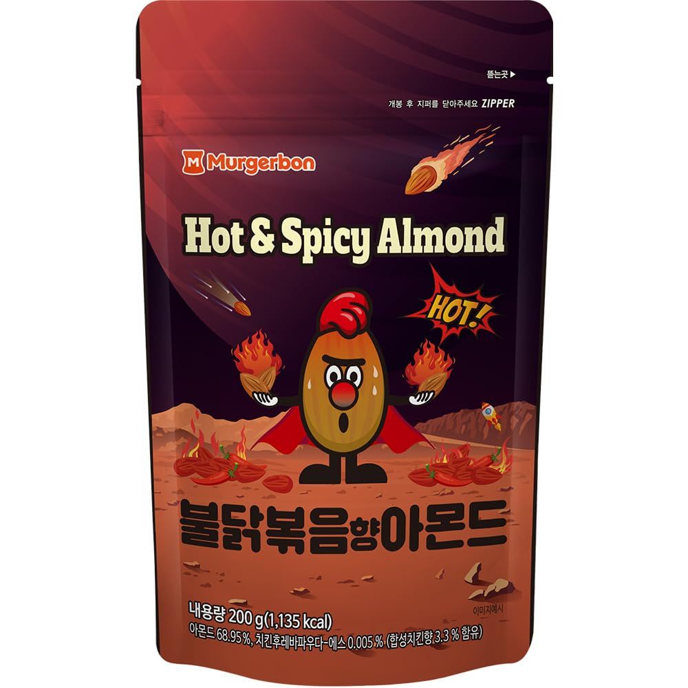 Official MURGERBON Hot &amp; Spicy Chicken Almond, Buldak Sauce, High Protein, Resealable Zip Pouch, Snack for Kids, School, Office (1x7oz)