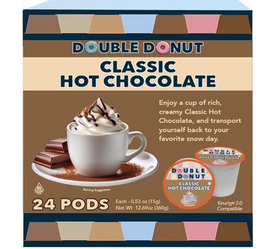 Double Donut Hot Chocolate Pods for Keurig K Cups Brewers, Single Serve Classic Hot Cocoa Pods, 24 Count