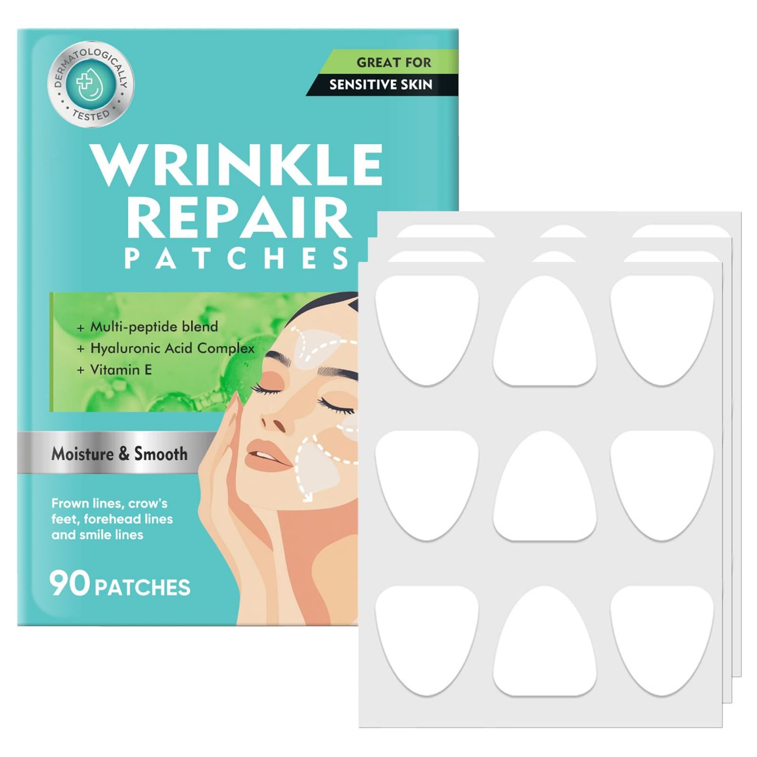 Anti-Wrinkle Face Patches for Frown Lines &amp; Forehead Lines 90 Pcs, Non-Invasive Smoothing Treatment with Aloe, Collagen, and Vitamin E, Korean Beauty Essentials