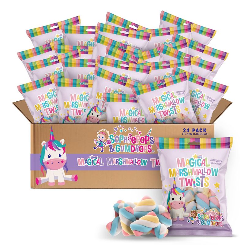 Sophiepops &amp; Gumdrops Magical Marshmallow Twists, Unicorn Candy, Rainbow Marshmallows for Easter, Easter Basket Stuffers or Any Party, Non-Fat, Nut and Gluten Free, 24 Pack