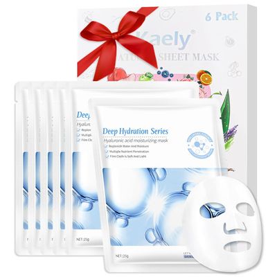 Kaely 6 Pack Hyaluronic Acid Sheet Masks, Hydrating Smoothing Face Masks for Women Men, Facial Mask Skin Care Korean, Moisturize Nourish for All Skin Types, Birthday Christmas Gifts, Set08