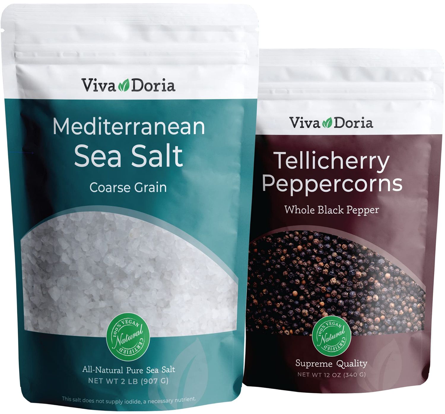 Viva Doria Tellicherry Black Peppercorn, Whole Black Pepper, Black Peppercorns, 12 Oz and Mediterranean Sea Salt, Coarse Grain, 2 lb, For Grinder Refills (2 Set)