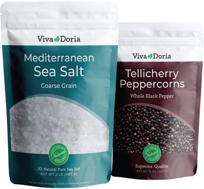 Viva Doria Tellicherry Black Peppercorn, Whole Black Pepper, Black Peppercorns, 12 Oz and Mediterranean Sea Salt, Coarse Grain, 2 lb, For Grinder Refills (2 Set)