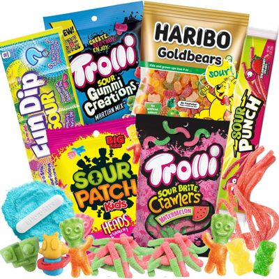 Needzo Full-Sized Extreme Sour Gummies Candy Variety Pack, Gummi Creations, Patch Kids, Bears, Punch Straws and Fun Dip, Assorted Candies for Care Packages, Items May Vary, 6 Items