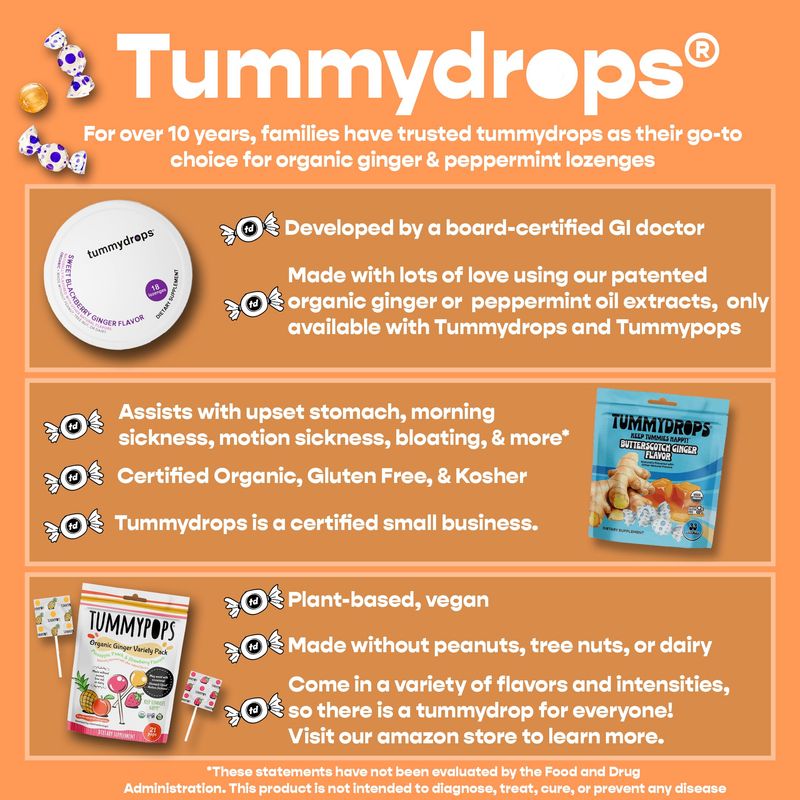 Organic Ginger Butterscotch Cream Tummydrops (Pack with 3 Tins, 54 drops total)