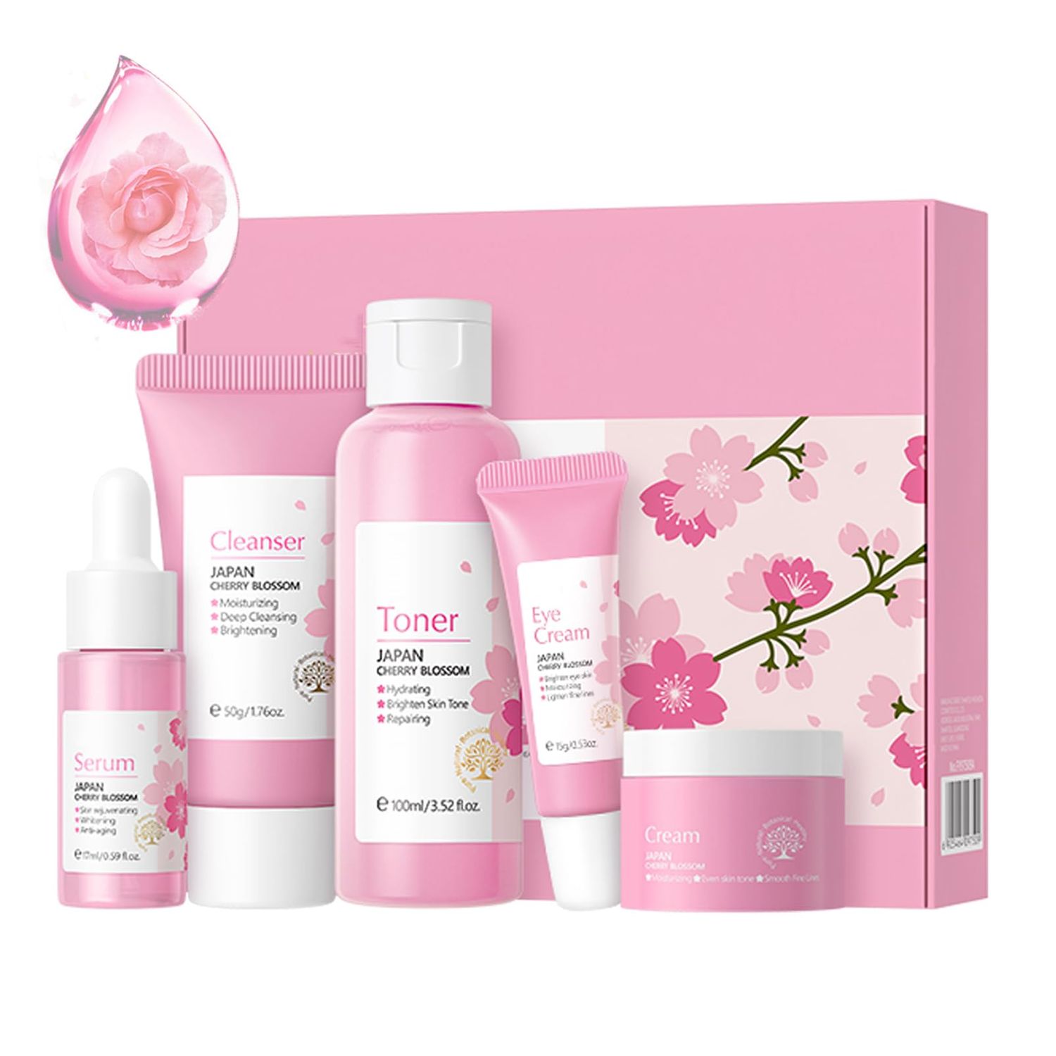 Korean Skin Care Set - Sakura Skin Care Sets &amp; Kits - Women Gift Sets with Cleanser-Toner-Serum-Face Cream-Eye Cream-Skin Care Routine Kit for Women (One Size, Cherry Blossom-Start Kit)