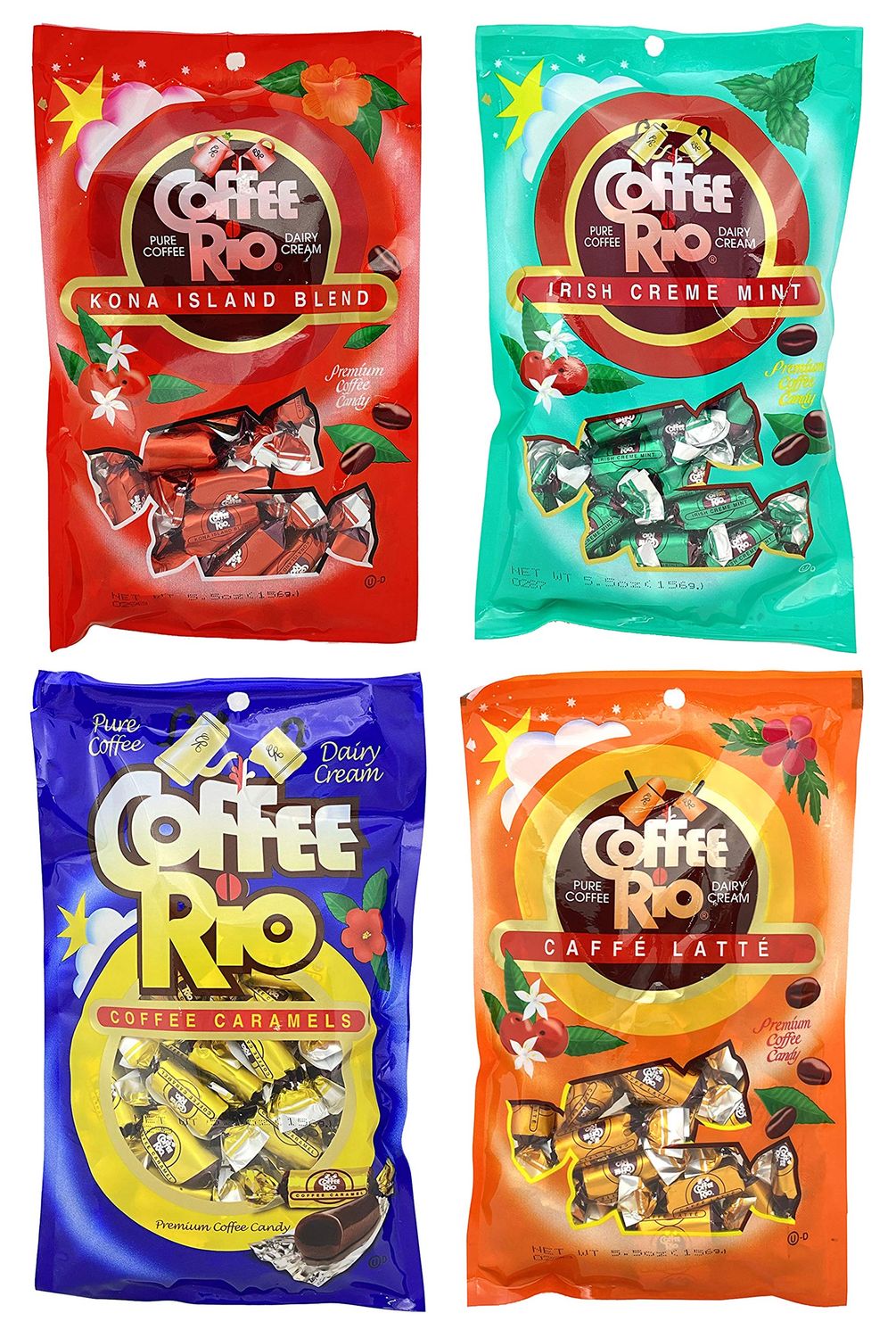 Coffee Rio Coffee Candy Variety Pack of 4 Original, Caffe Latte, Kona Island, &amp; Irish Crme Mint 5.5 Ounces - Made in the USA, Kosher Candy