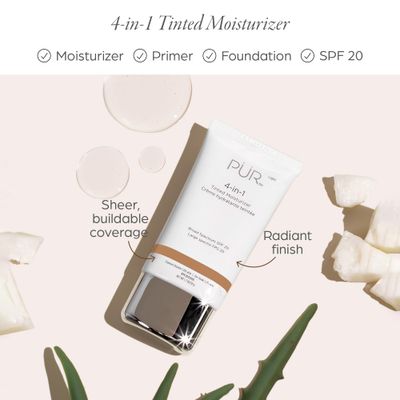 PUR Beauty 4-in-1 Tinted Moisturizer with SPF 20 - Hydrating Skin Tint Face Moisturizer, Primer &amp; Foundation with Shea Butter, Aloe Vera &amp; Vitamin B3 - Vegan Friendly, Paraben Free (Medium)