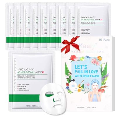 Kaely 10 Pack Salicylic Acid Sheet Masks, Hydrating Smoothing Face Masks for Women Men, Facial Mask Skin Care Korean, Moisturize Nourish for All Skin Types, Birthday Christmas Gifts, Set08