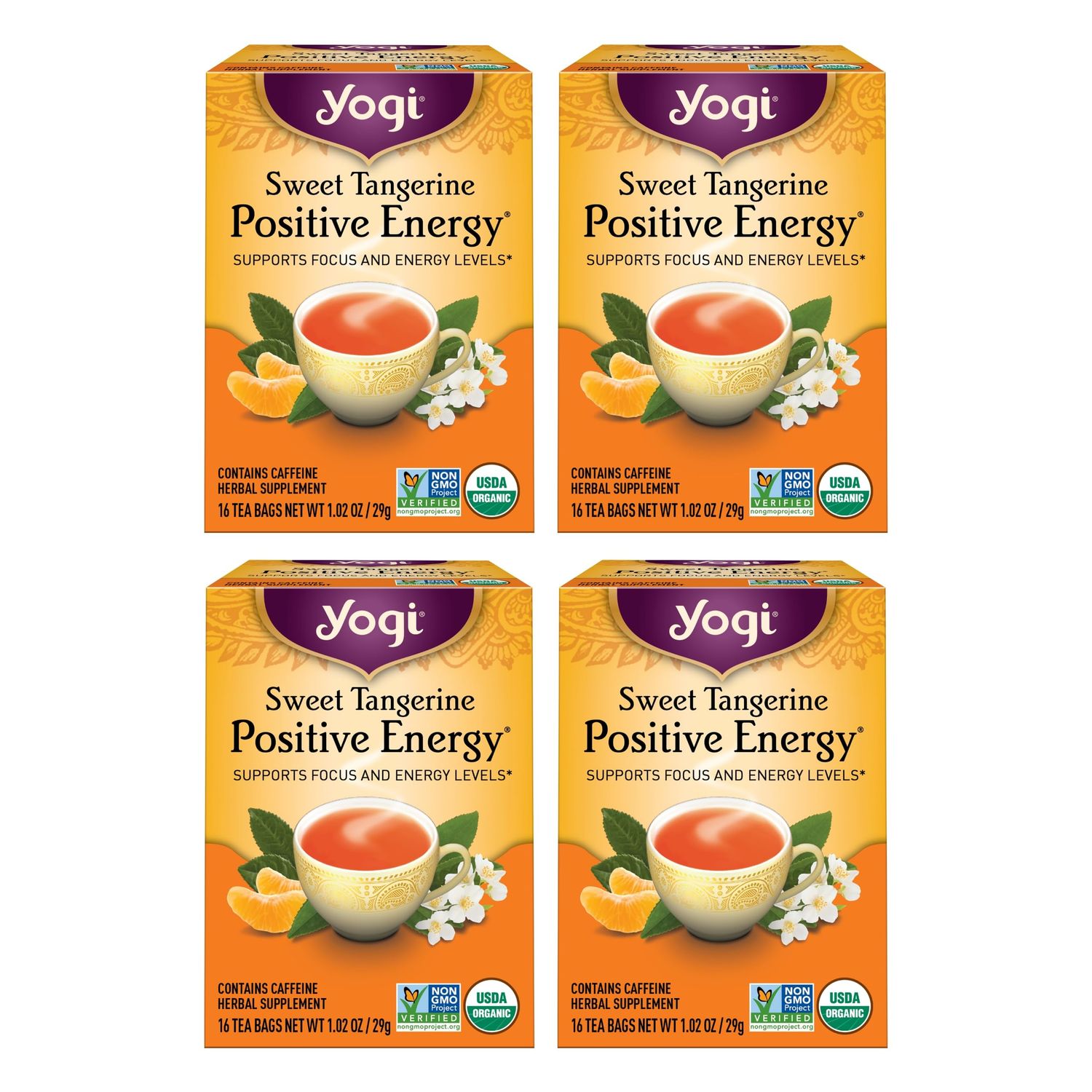 Yogi Sweet Tangerine Positive Energy Tea - 16 Tea Bags per Pack (4 Packs) - Organic Tangerine Energy Tea - Includes Black Tea Leaf, Yerba Mate Leaf, Ashwagandha Root &amp; More