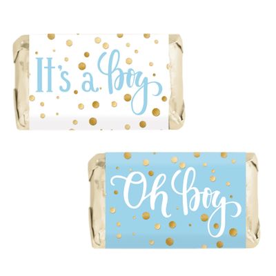 Blue and Gold It&#39;s a Boy Baby Shower Wrappers for Mini Chocolate Bars, Baby Shower Party Favor Candy Stickers - 45 Count