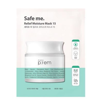 MAKE P:REM Safe Me. Relief Moisture Mask 15, Hydrating Sheet Mask with Natural Ingredients, Enriched with Hyaluronic Acid for Comfort and Glow, Korean Skin Care, 0.84 fl.oz. (25ml) x 10EA