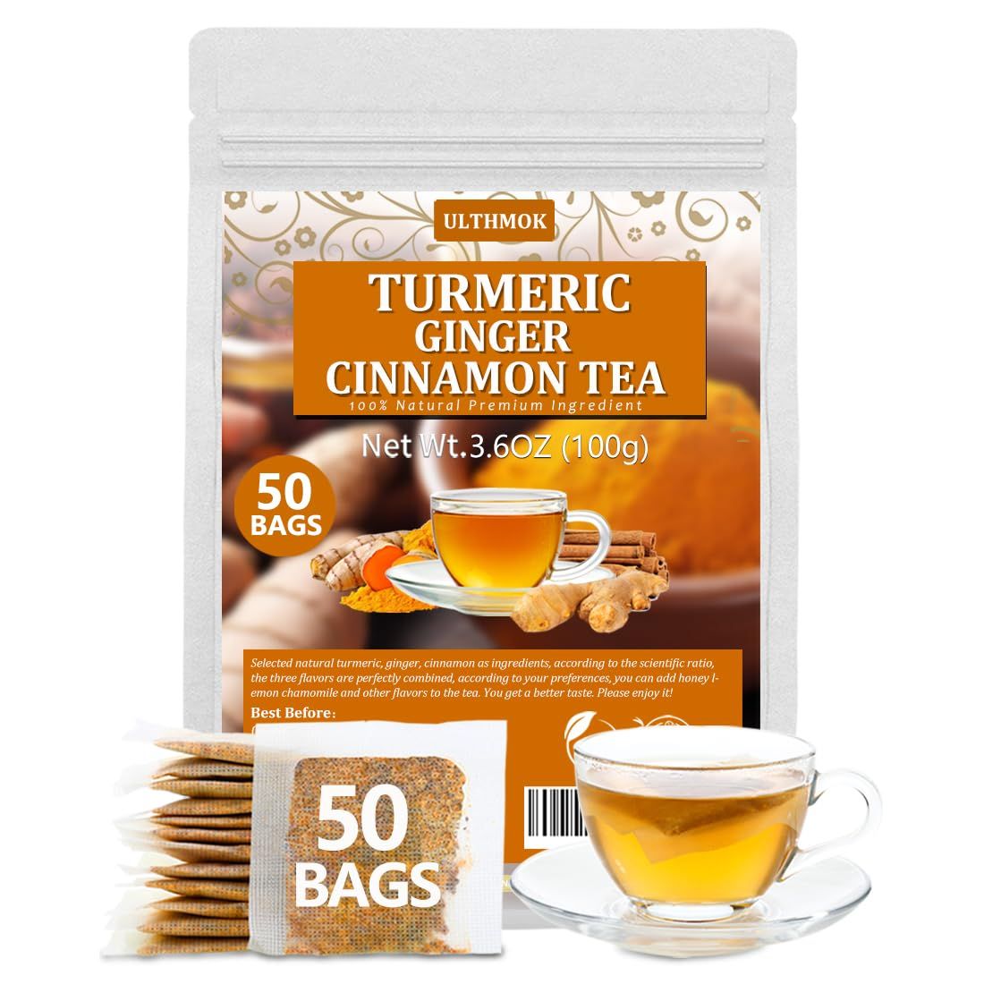 50 Premium Turmeric, Ginger, Cinnamon Blend Tea Bags, 100% Natural &amp; No Additives &amp; Caffeine Free.