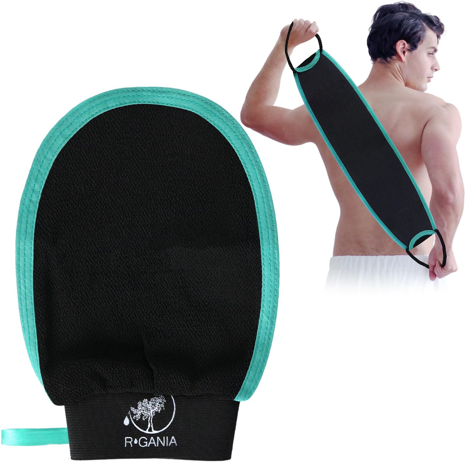 R&#39;GANIA Premium Exfoliating Glove and Back Scrubber for Shower - Removes Dead Skin, Spray Tan, Keratosis Pilaris - Korean Mitt Unclogs Pores - Deep Body Scrubber
