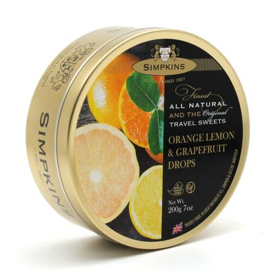 Simpkins Travel Sweet, Orange Lemon &amp; Grapefruit Drops, One 200g Tin