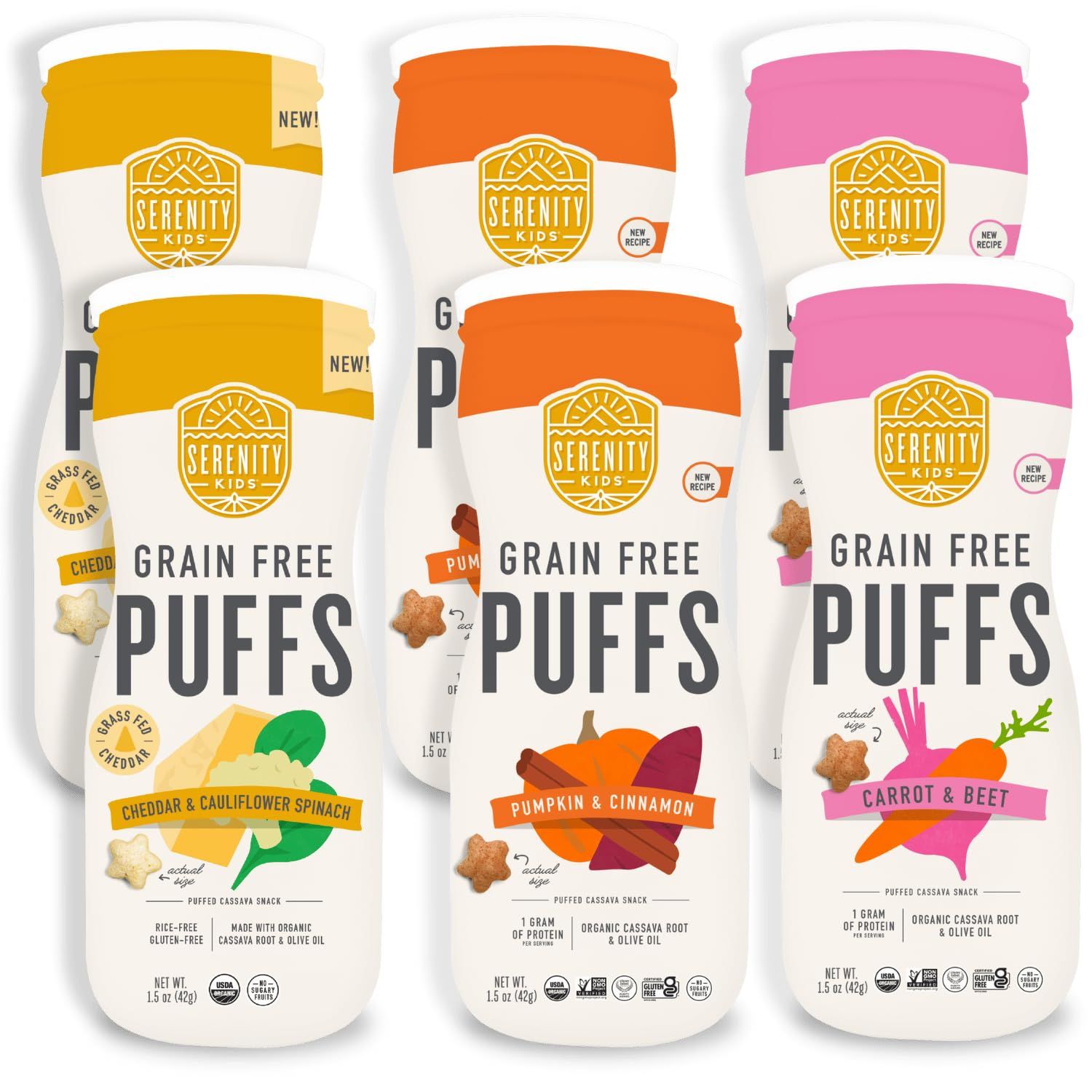 Serenity Kids 6 Months Grain-Free Toddler &amp; Baby Puffs - No Added Sugar - No Gluten or Rice - BPA &amp; Allergen-Free, with Organic Cassava, Veggies &amp; Herbs - Puffs Variety Pack - 6 Count