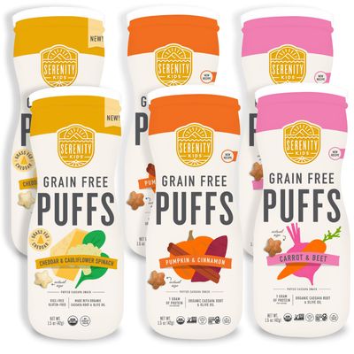 Serenity Kids 6 Months Grain-Free Toddler &amp; Baby Puffs - No Added Sugar - No Gluten or Rice - BPA &amp; Allergen-Free, with Organic Cassava, Veggies &amp; Herbs - Puffs Variety Pack - 6 Count