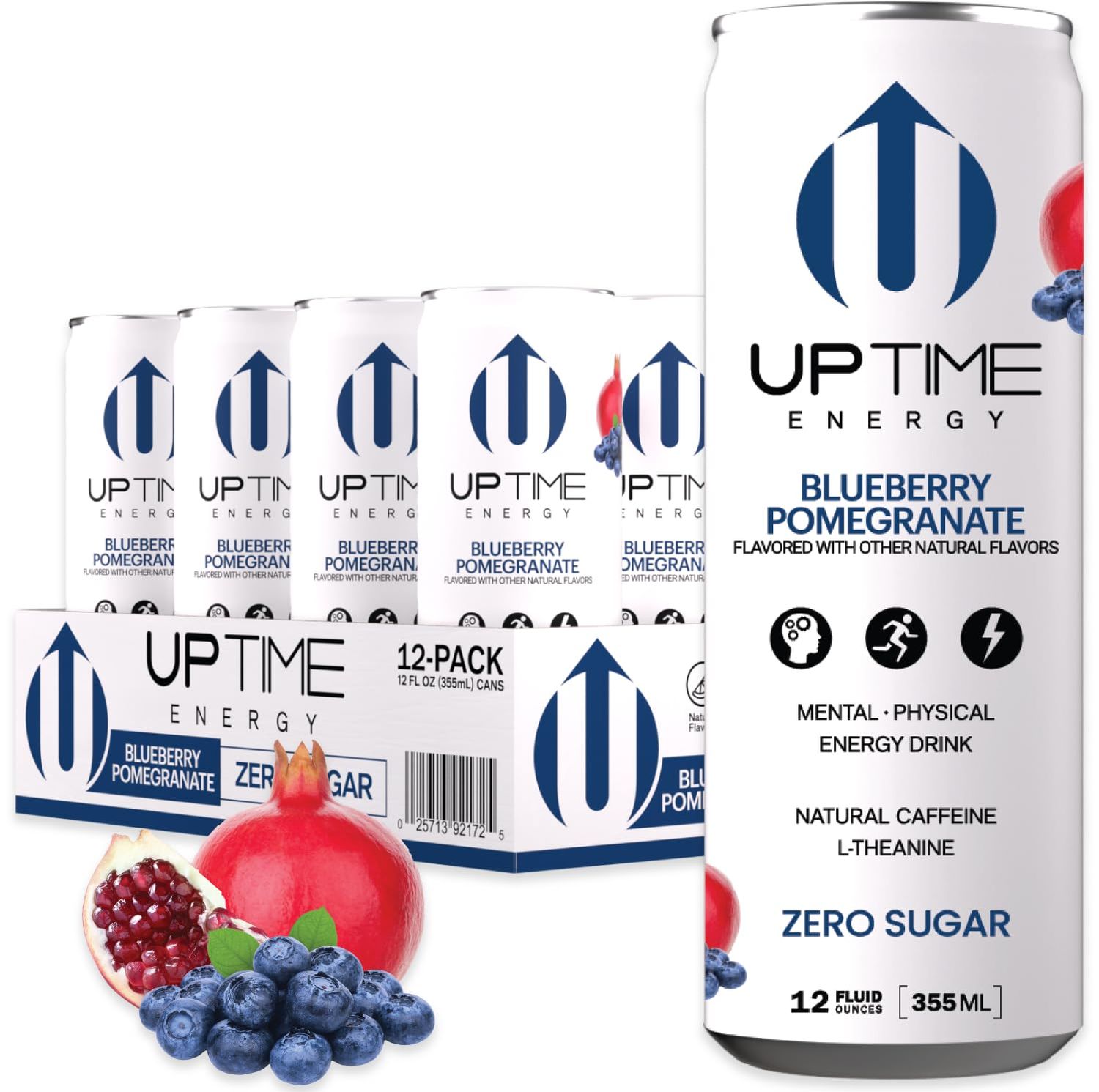 UPTIME Energy Drink, Blueberry Pomegranate, 12 Pack, Vitamin C, L Theanine, Calcium, Sugar Free Energy Drinks for Focus Support, 142mg of Natural Caffeine, 0 Calories, Clean, Natural, 12 fl oz Cans