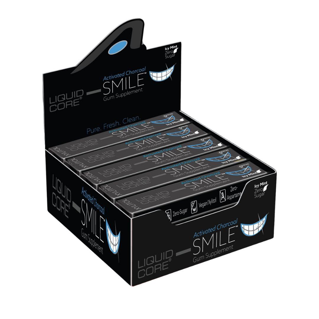 Liquid Core Smile Activated Charcoal Gum with MCT Oil, Hydroxyapatite, and Xylitol - Teeth Cleaning Gum, Icy Mint Sugar-Free Gum (15 Pack)