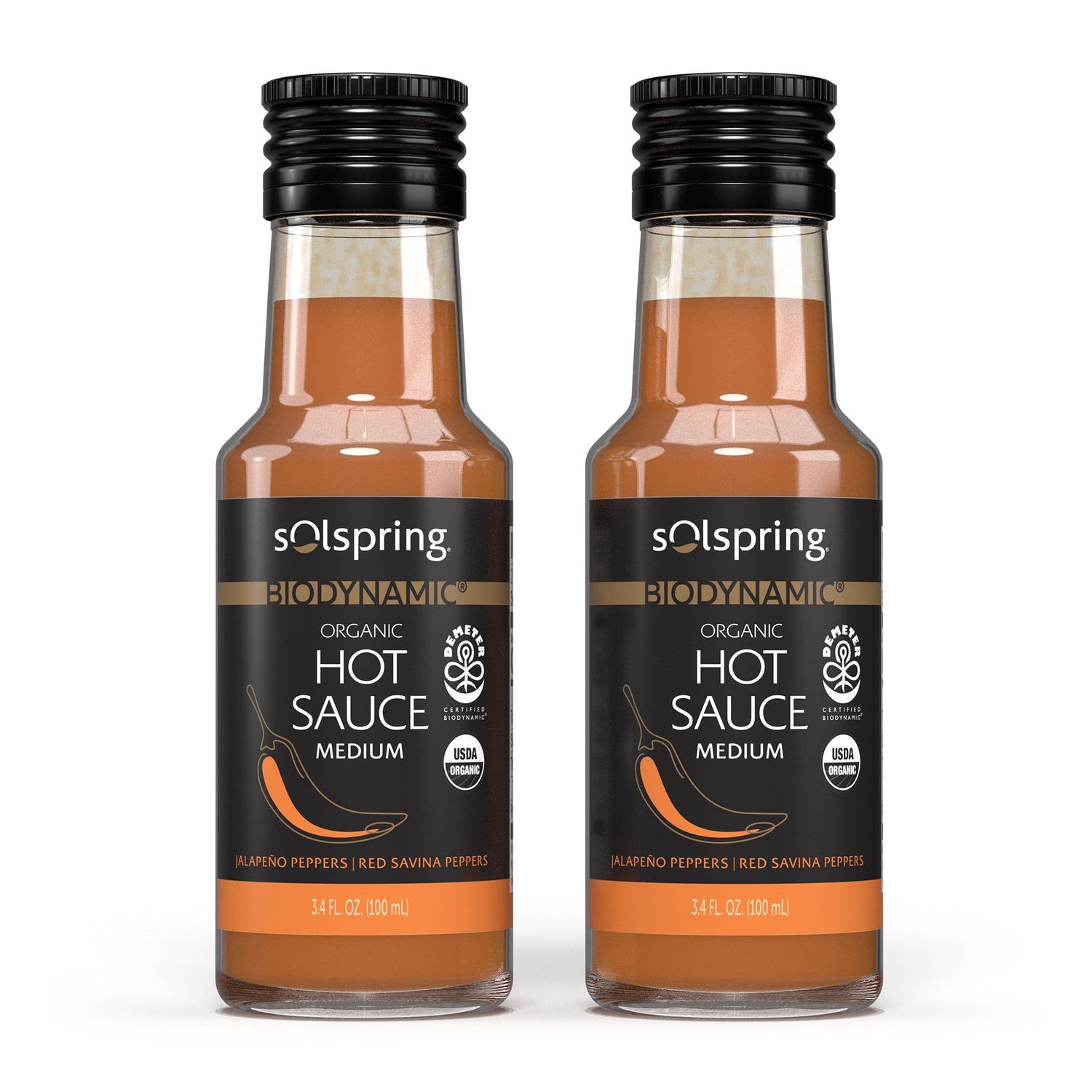 Solspring Biodynamic Organic Hot Sauce, Medium, 3.4 Fl. Oz. (100 mL), Jalapeno &amp; Red Savina Peppers, Non-GMO, Gluten Free, Soy Free, Certified USDA Organic, Demeter Certified