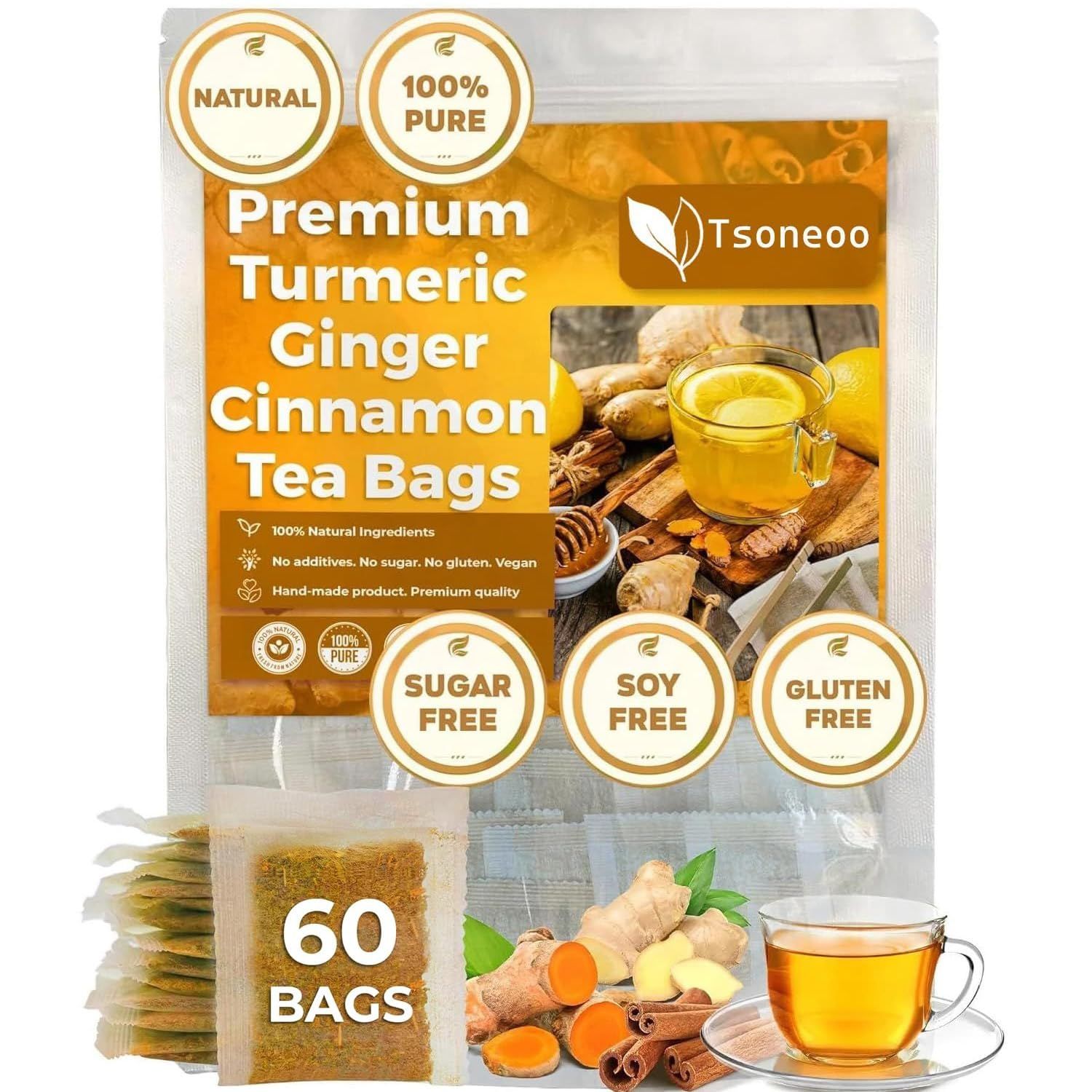 Premium Turmeric, Ginger, Cinnamon Blend Tea Bags, 100% Natural &amp; No Additives &amp; Caffeine Free. (1BOX)