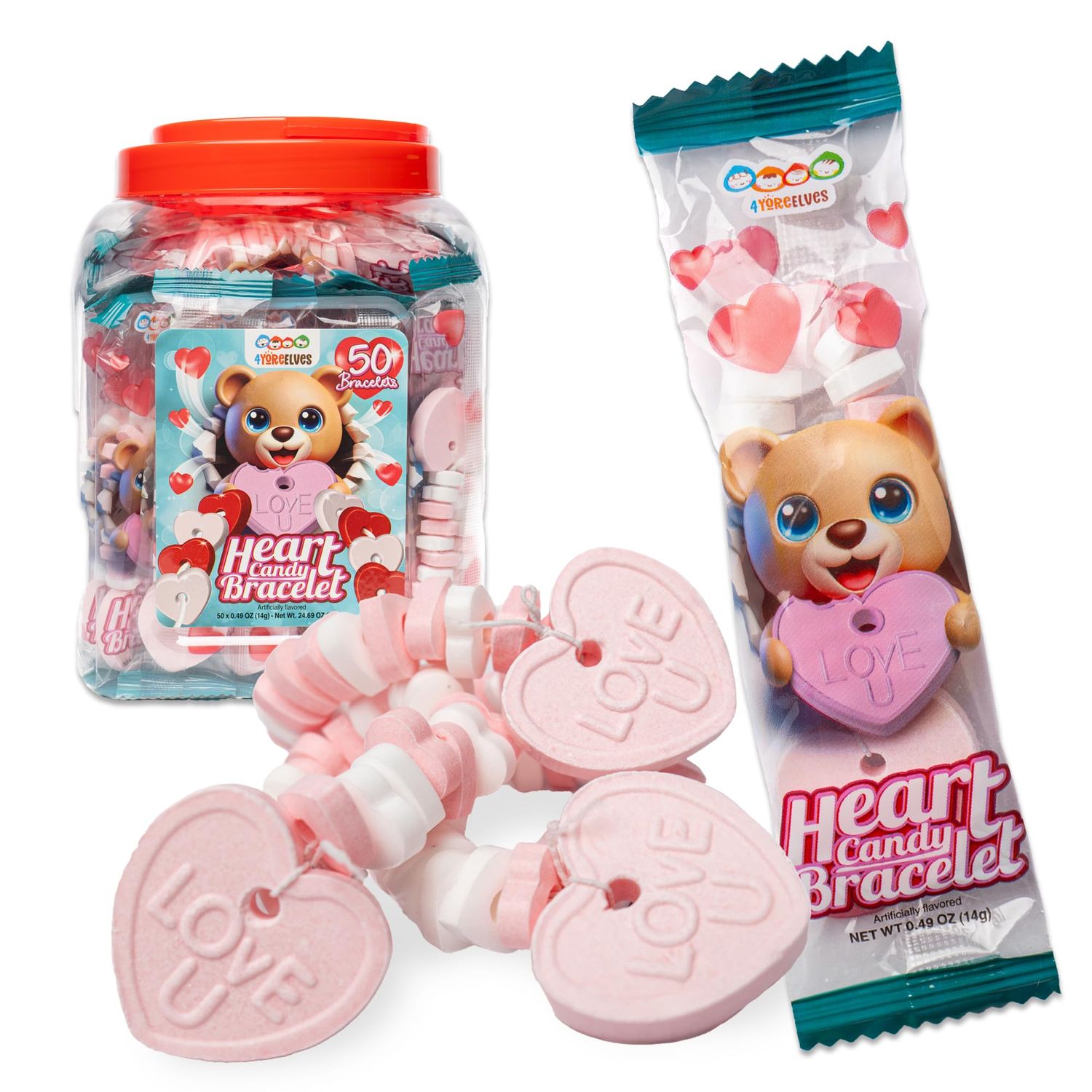 50 Heart Candy Bracelets with Heart Shaped Candy Beads and Pendant, Perfect For Valentines, Individually Wrapped Candy Heart Bracelets in Bulk, by 4YoreElves