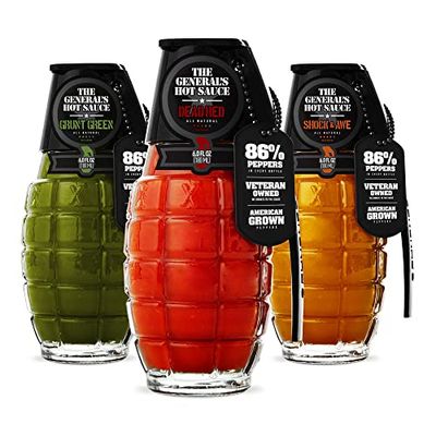 The General&#39;s Hot Sauce Triple Threat: Three 6 oz Bottles of Gourmet Hot Sauce Made with Louisiana-Grown Cayenne and Habanero Peppers. Green/ Dead Red/ Shock &amp; Awe