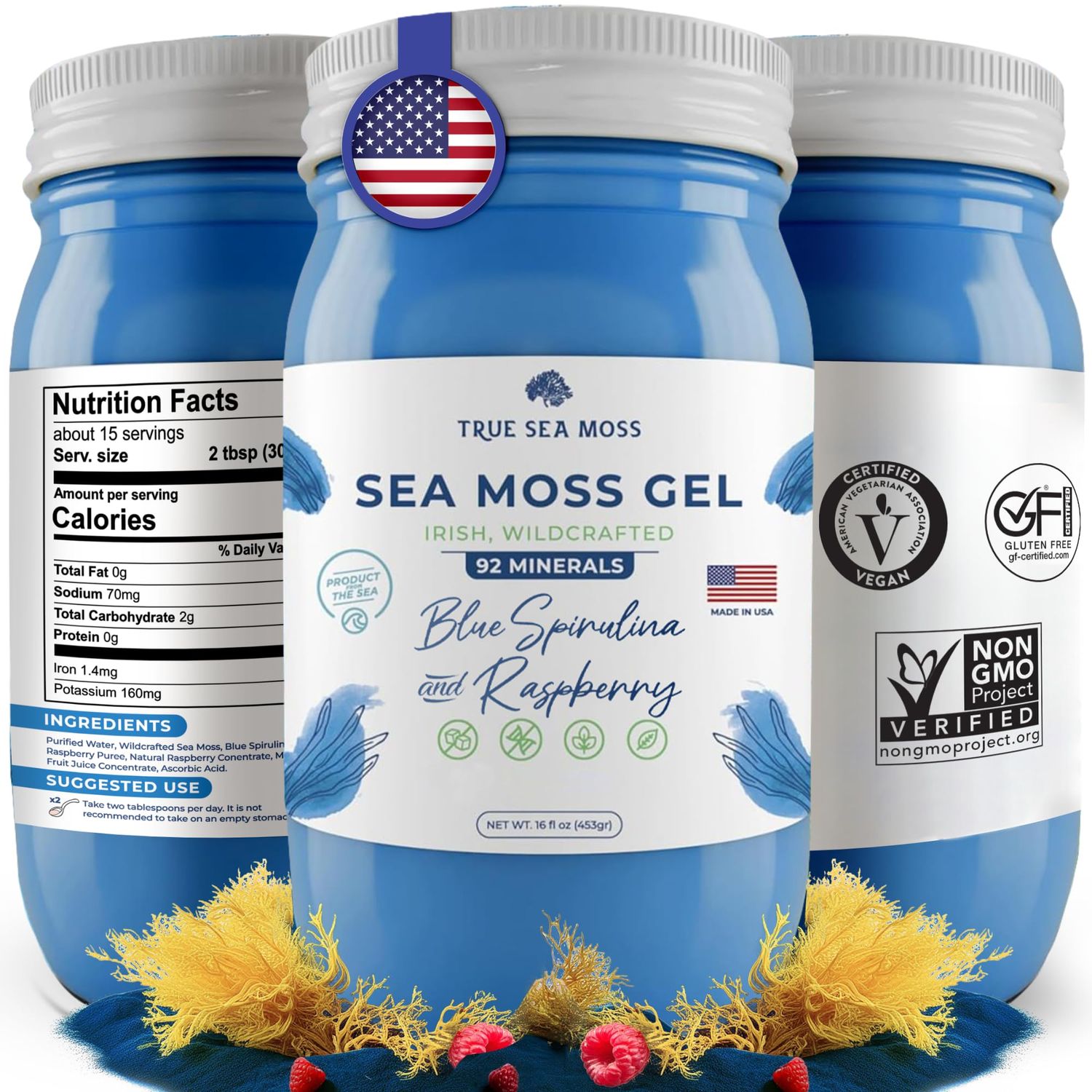 TrueSeaMoss Wildcrafted Irish Sea Moss Gel - Made with Dried Seaweed &amp; Fresh Sea Vegetables, Seamoss - Made in USA (Blue Spirulina and Raspberry, Pack of 1