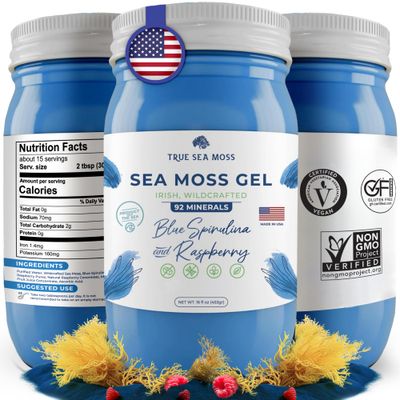 TrueSeaMoss Wildcrafted Irish Sea Moss Gel - Made with Dried Seaweed &amp; Fresh Sea Vegetables, Seamoss - Made in USA (Blue Spirulina and Raspberry, Pack of 1