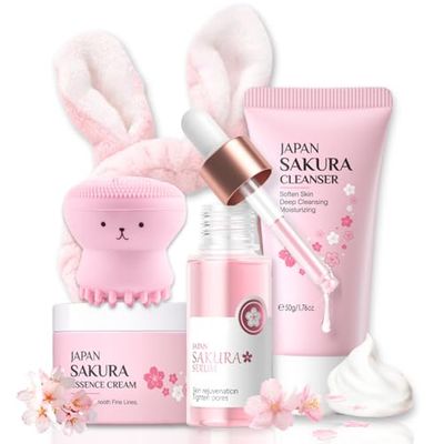 Skincare Set Sakura Easter Gifts for Teens - Skin Care Set - Skincare for Teens 10-12 Hydrating - Travel Size Facial Kit for Women with Cleanser,Serum,Cream,Bunny Headband,Cleansing Brush5pcs