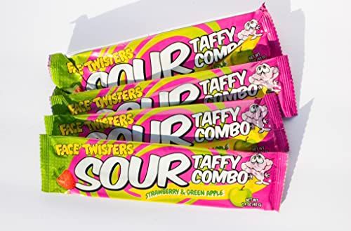 Face Twisters Sour Taffy Combo Strawberry and Green Apple 4 Pack Large Sour Taffy Bars