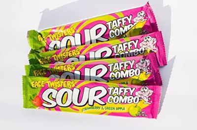 Face Twisters Sour Taffy Combo Strawberry and Green Apple 4 Pack Large Sour Taffy Bars