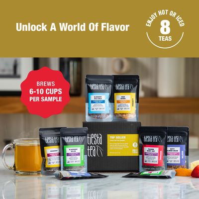 Tiesta Tea - Top 8 Favorites Loose Leaf Sampler Dry Flight Set - High to No Caffeine Tea - Makes Hot & Iced Tea - Assorted Tea Sets with Herbal, Black, Fruit Teas & More - 8 Resealable Sample Pouches